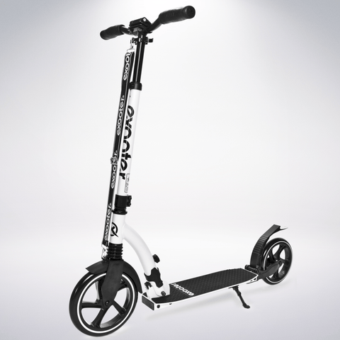 EXOOTER M6 Adult Kick Scooter With Dual Suspension Shocks And 240mm/200mm Big Wheels In White.