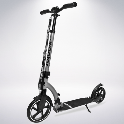 EXOOTER M6 Adult Kick Scooter With Dual Suspension Shocks And 240mm/200mm Big Wheels In Gray.