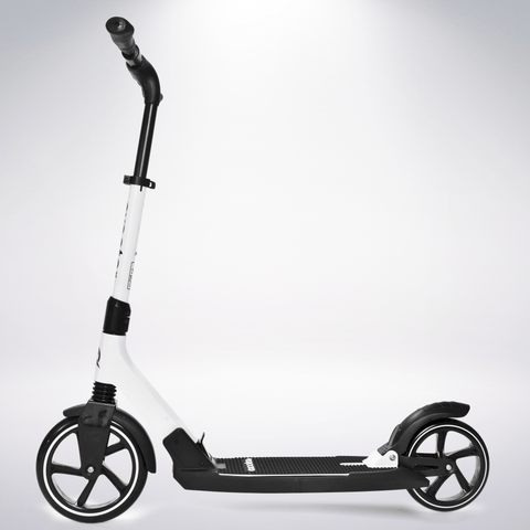 EXOOTER M7 Adult Kick Scooter With Dual Suspension Shocks And 240mm/200mm Big Wheels In White.